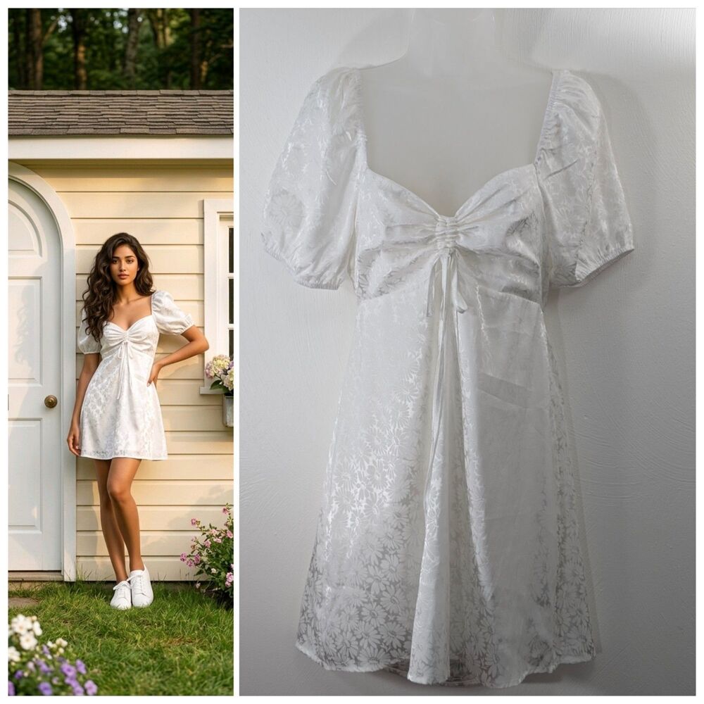 Altar'd State White L Chiffon Mini Dress Boho Puff Sleeve Sweetheart Fit Flare